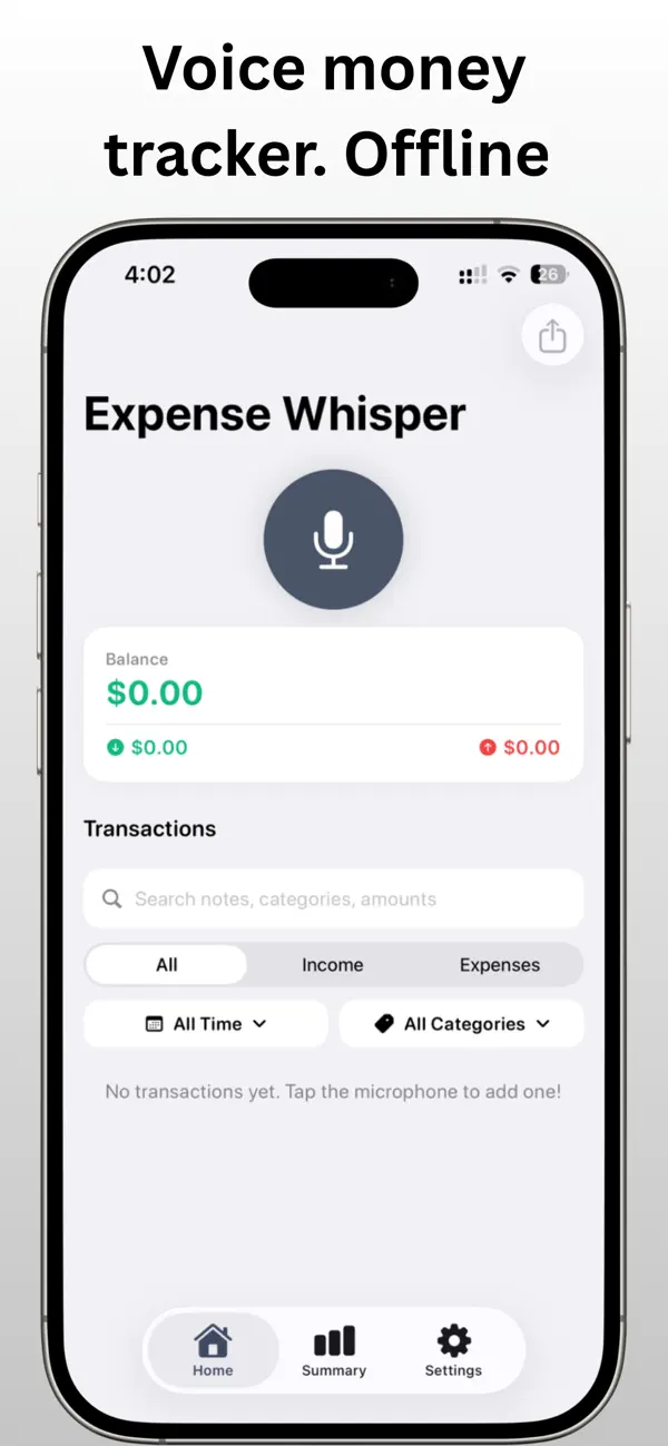 Expense Whisper App Store image showing voice entry and the transaction dashboard
